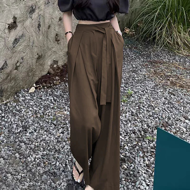 Casual Chic Wide Leg Pants Women Office Pocket Pleated Lace-up High Waist Trousers Fashion 2026 Spring Autumn Streetwear Pants