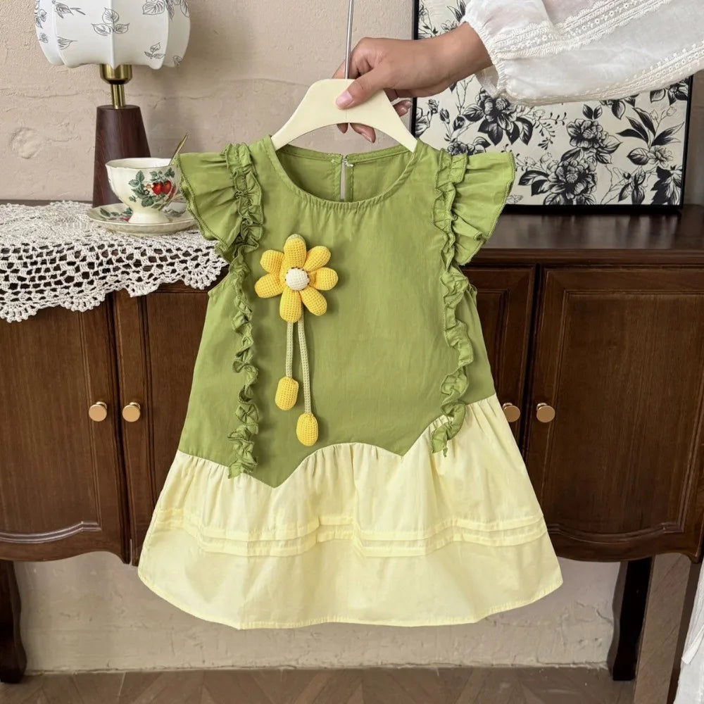 Summer Girls Fashion Sleeveless Cute Flower Decoration Sweet Ruffled Princess Dress 1 Pc 2-7 Years Kids Daily Casual Clothes