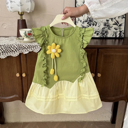 Summer Girls Fashion Sleeveless Cute Flower Decoration Sweet Ruffled Princess Dress 1 Pc 2-7 Years Kids Daily Casual Clothes