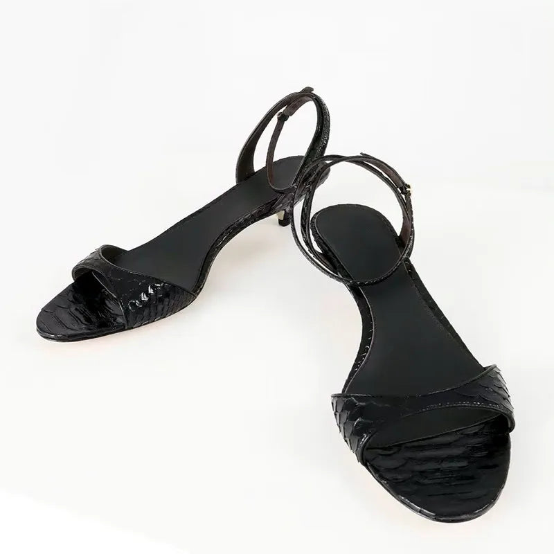 Concise Kitten Heel Ankle Strap Buckle Sandals Women Sexy Peep Toe Low Heel Elegant Leather Pattern Design Party Wedding Shoes