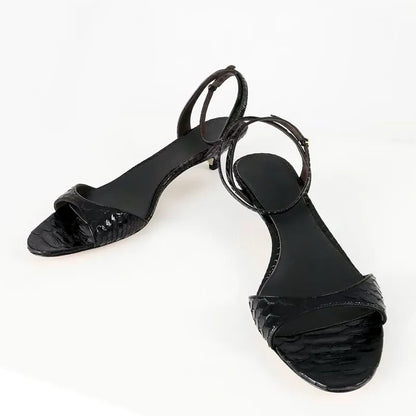 Concise Kitten Heel Ankle Strap Buckle Sandals Women Sexy Peep Toe Low Heel Elegant Leather Pattern Design Party Wedding Shoes
