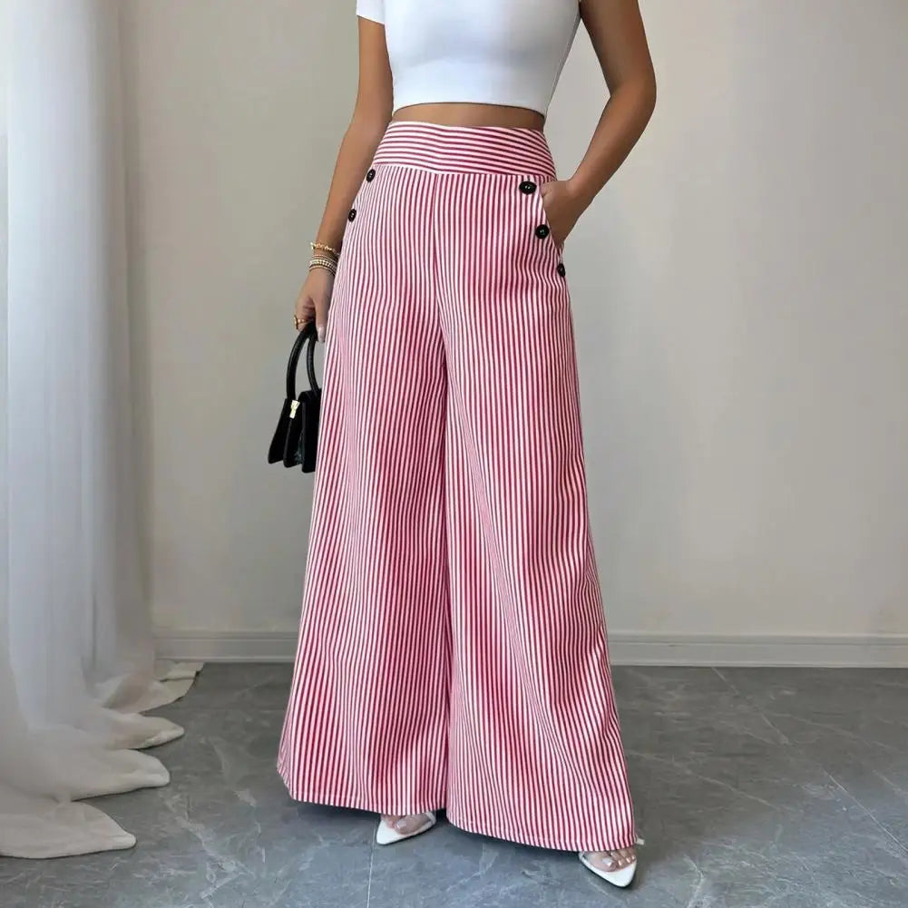 Striped Wide Leg Pants for Women, Loose Casual High Waisted Trousers with Button, Breathable Palazzo Pants with Pockets
