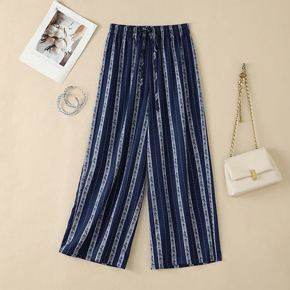 ZANZEA Women Casual Trousers Summer Bohemian Holiday Pants Elastic Waist Baggy Pantalon Vintage Lace -Up Striped Beach Palazzo