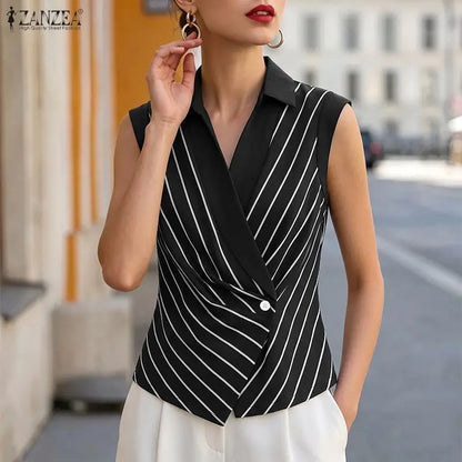 ZANZEA Elegant Women Striped Shirts Summer Turn-Down Collar Single Button Cinch Waist Sleeveless Tops Office Lady Vest Tops 3XL