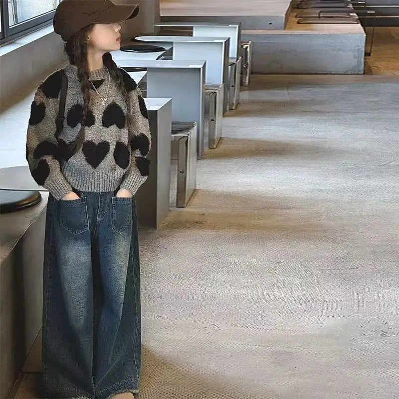 Girls' Autumn Winter 2025 Korean Style Heart Print Knit Sweater Kids' Pullover Trendy