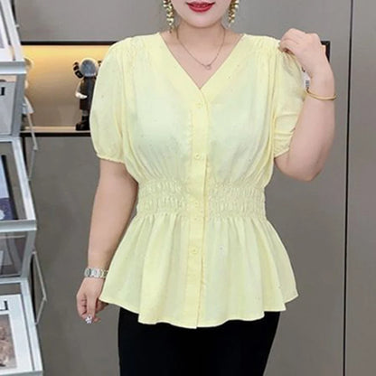 200 Pounds Plus Size Elastic Waist Summer Shirt And Blouse  Solid Top Women's New In Clothes Simple V-neck French