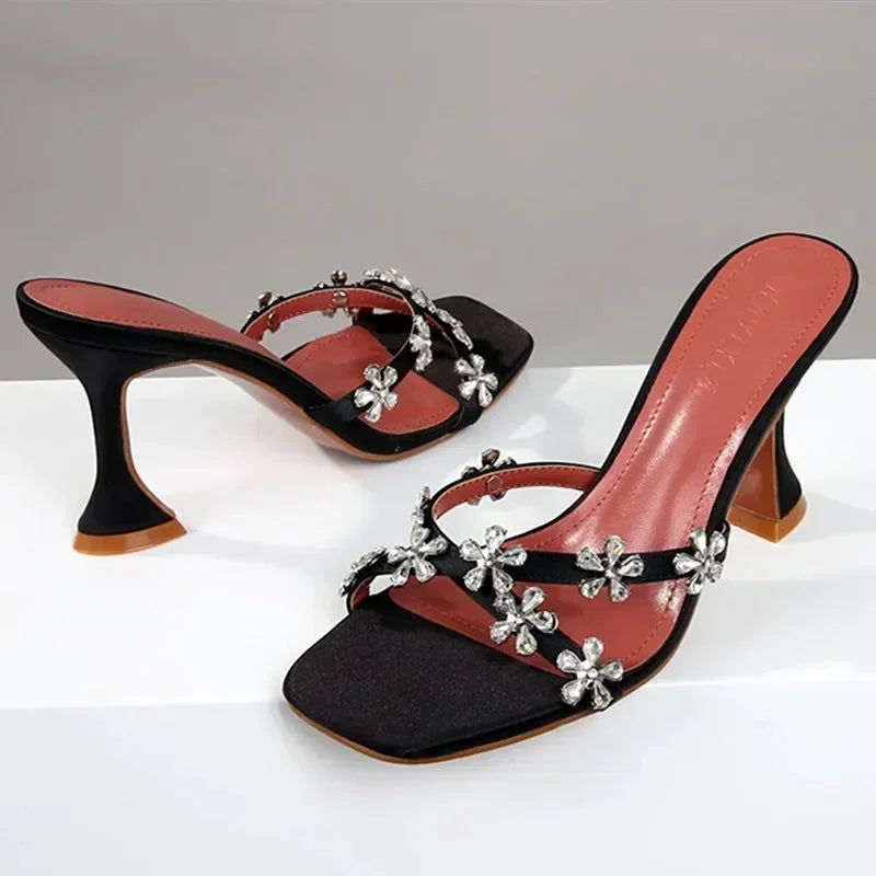 Shiny Crystal Flowers Decorative Women's Sandals 2025 Elegant High Heeled Slide Sandals for Women Cross Strap Summer High Heels