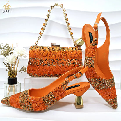 2026 Nigerian Women Heel Ladies Italian Luxury Design Green Shoes And Bag Set Decorated with Rhinestone Handbag Wedding Party