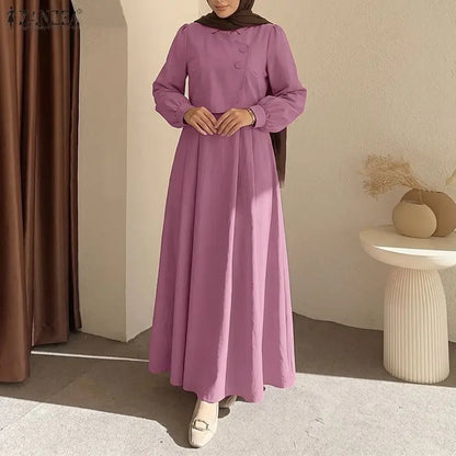 ZANZEA Fashion Muslim Abaya Dresses Ramadan Robe Women Elegant Long Sleeve Pleated Sundress Dubai Casual Kaftan Fake 2 Pieces