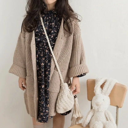 2025 New Girls' Chunky Yarn Knit Cardigan Autumn/Winter Kids' Plus Size Korean Style Mid-Length Knit Jacket