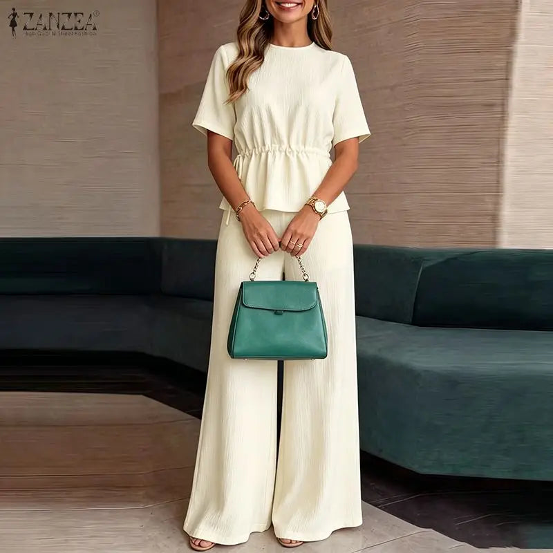 ZANZEA Fashion Women 2 Pieces Sets Summer Office Outfits Casual O Neck Short Sleeve Drawstring Blouse Pants Sets Solid Tracksuit