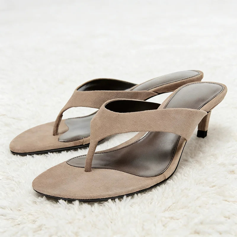 Luxury Designer Faux Suede Women's Slippers Sexy Round-Toe Flip-Flops Comfort Summer High-Heeled Sandals for Ladies Beach Shoes