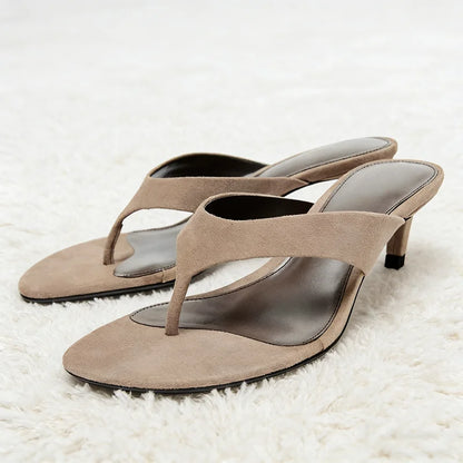 Luxury Designer Faux Suede Women's Slippers Sexy Round-Toe Flip-Flops Comfort Summer High-Heeled Sandals for Ladies Beach Shoes