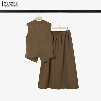ZANZEA Women Elegant 2 Piece Matching Sets Lapel Sleeveless Vests Tops & Pleated A-Line Maxi Skirts Office Commute 2pcs Suits
