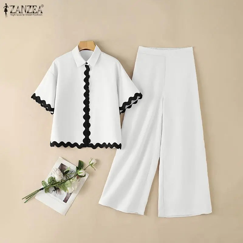 Stylish Women 2 Pieces Sets ZANZEA Summer Lapel Neck Short Sleeve Blouse Trousers Suit Contrast Color Wave Cut Office OL Outfits