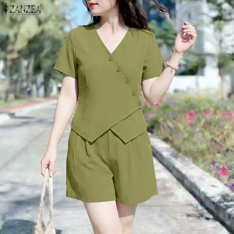 ZANZEA Women's Short Sets Asymmetric Placket Short Sleeve Tops & Elastic Waist Shorts 2 Piece Suits Summer Casual Chic Outfits