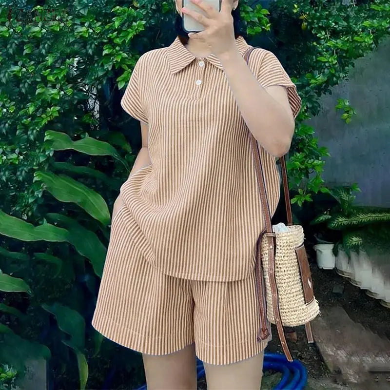 2026 ZANZEA Summer  Short Sleeve Shirt Short Sets Casual Holiday Striped Outfits Women 2 Pieces Sets Stylish OL Work Tracksuit