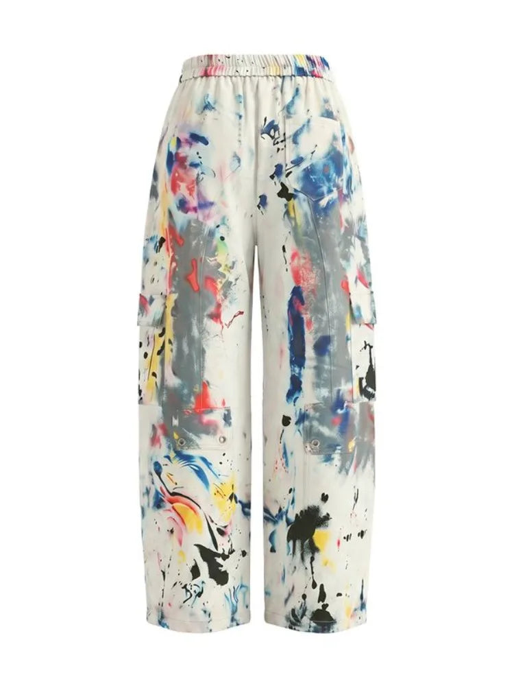 Yeezzi Women Colorful Contrast Color Printed Wide Leg Cargo Pants High Waist Multi Pockets Straight Casual Streetwear Trousers