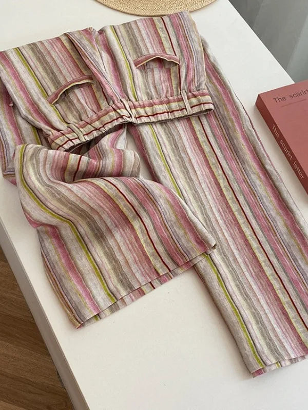 Pink Striped Wide Leg Pants Loose Fit Casual Summer Trousers for plus Size Women Comfortable Elastic Waist Straight Cut