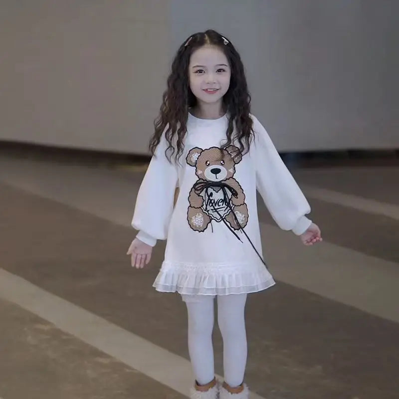 Teenage girls Thick Velvet warm Dress cotton Lotus leaf hem Cartoon Bear kids dresses chidren clothes 4-6 8 10 12 14