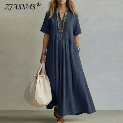 Retro Solid Cotton Linen Maxi Dress Woman Spring Sexy V Neck Draped Pocket Long Dress Summer Short Sleeve High Waist Party Dress