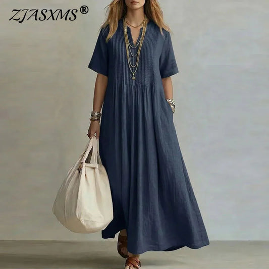 Retro Solid Cotton Linen Maxi Dress Woman Spring Sexy V Neck Draped Pocket Long Dress Summer Short Sleeve High Waist Party Dress