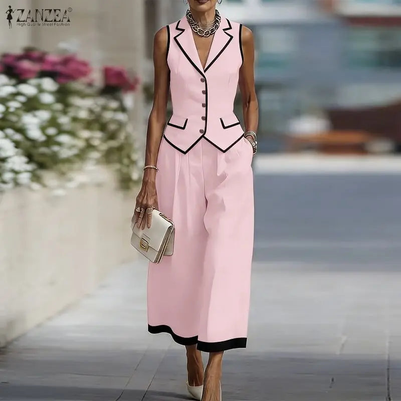 ZANZEA Women Stylish Pant Sets Contrast-Color Lapel Collar Vest Tops & Wide Leg Cropped Pants 2 Piece Suits Elegant Work Outfits