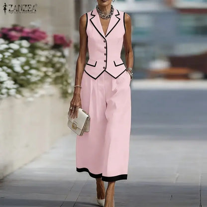 ZANZEA Women Stylish Pant Sets Contrast-Color Lapel Collar Vest Tops & Wide Leg Cropped Pants 2 Piece Suits Elegant Work Outfits