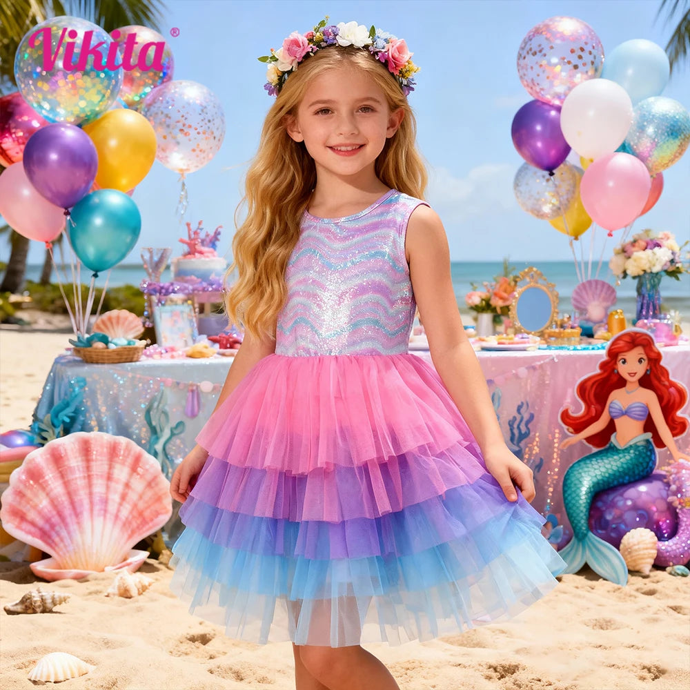 VIKITA Girls Sleeveless Summer Dress Kids Shiny Wave Striped Gradient Colorful Tulle Mesh Layered Party School Daily Tutu Dress