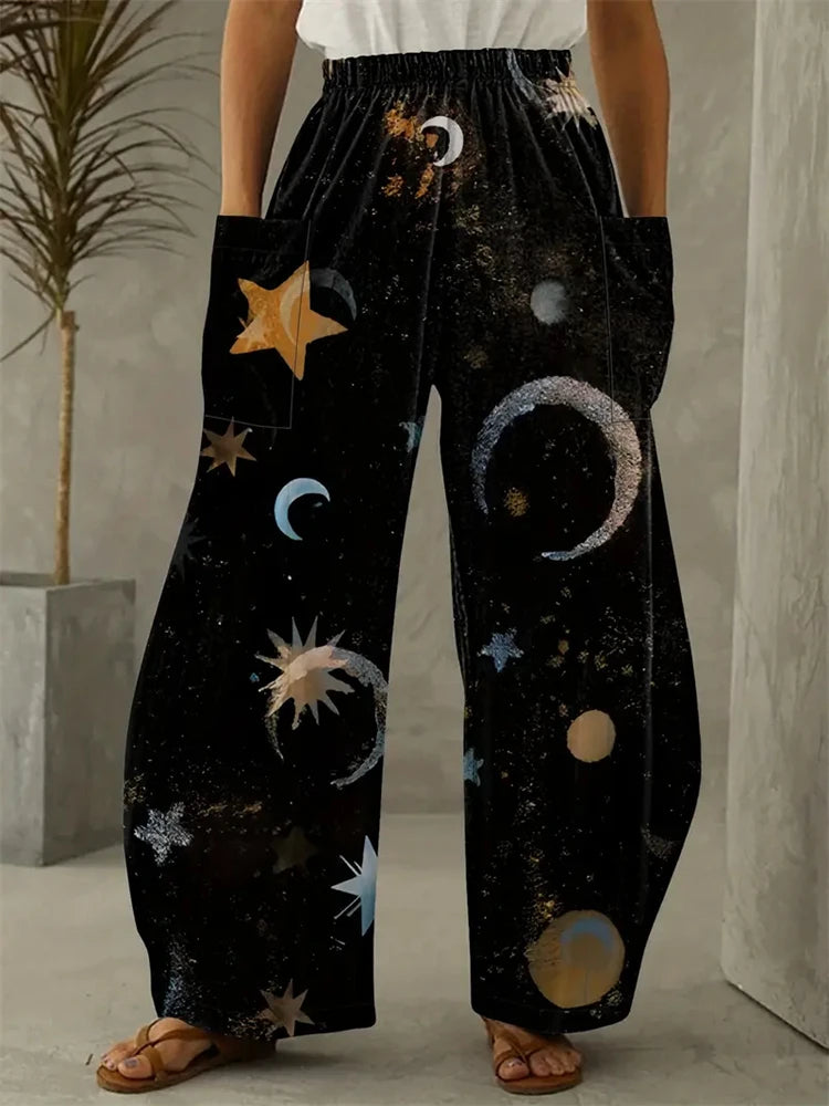 Women's Fashion New Wide-legged Pants Elegant 3d Sun, Moon And Star Printed Pants Women's Street Vintage Pants With Pockets
