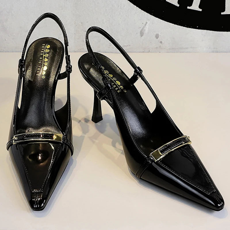 New Design Women Pumps Patent Leather High Heels Metal Buckle Women Shoes Summer Hollow Out heeled Sandals Stilettos Heels 8 cm