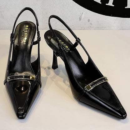 New Design Women Pumps Patent Leather High Heels Metal Buckle Women Shoes Summer Hollow Out heeled Sandals Stilettos Heels 8 cm