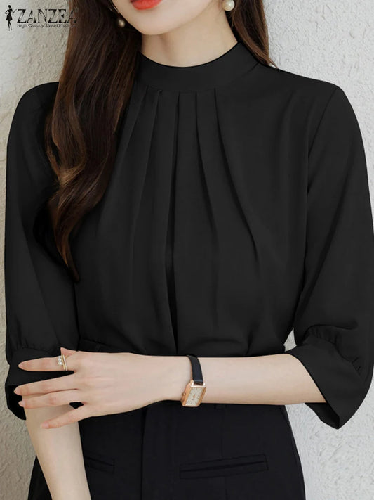 ZANZEA Fashion Stand Collar Blouse Woman 3/4 Sleeve Solid Color Tunic Tops Female Casual Loose Shirt Elegant Party Blusas Mujer