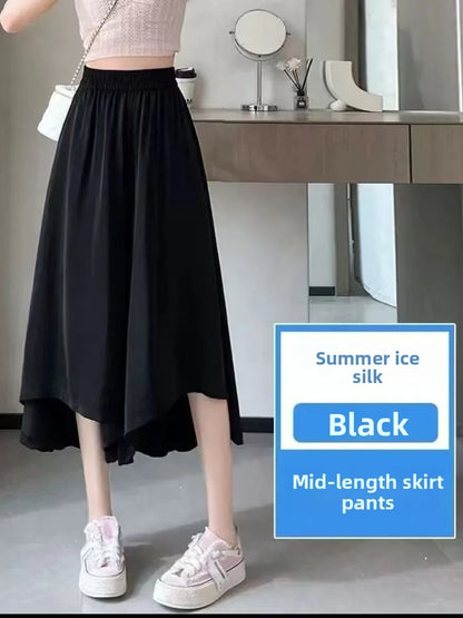 Summer New Style Thin Loose Wide Leg Seven-Quarter Skirt for plus Size Women Casual High Waist Pants Skirt Asymmetrical