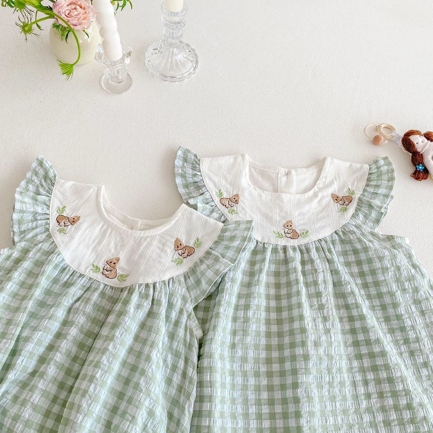 Baby Kid's Summer Plaid Dress 0-5Y Cute Embroidered Bunny Flying Sleeve Children's Dresses Sisters Clothing Baby Girls Bodysuit