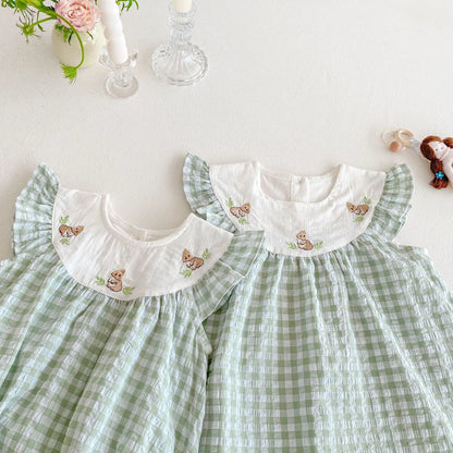 Baby Kid's Summer Plaid Dress 0-5Y Cute Embroidered Bunny Flying Sleeve Children's Dresses Sisters Clothing Baby Girls Bodysuit