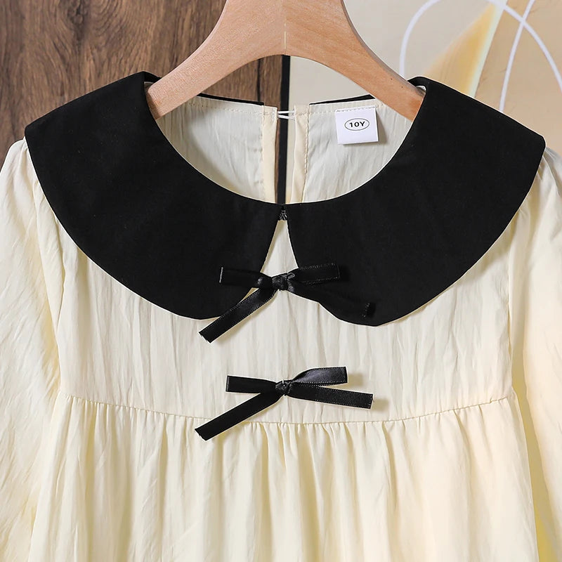 Spring/Summer Big Girl Knee Length Long Sleeve Dress Cute Baby Doll Collar Sweet Ruffle Hem Japanese and Korean Chic Easy Everyd