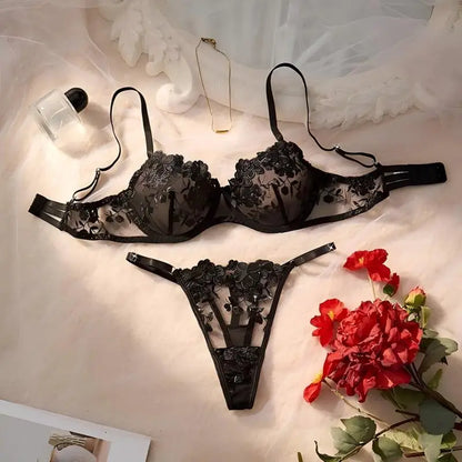French Black Embroidered Lace Underwear Set Elegant Feminine Design Bra And Panties Combo for Women