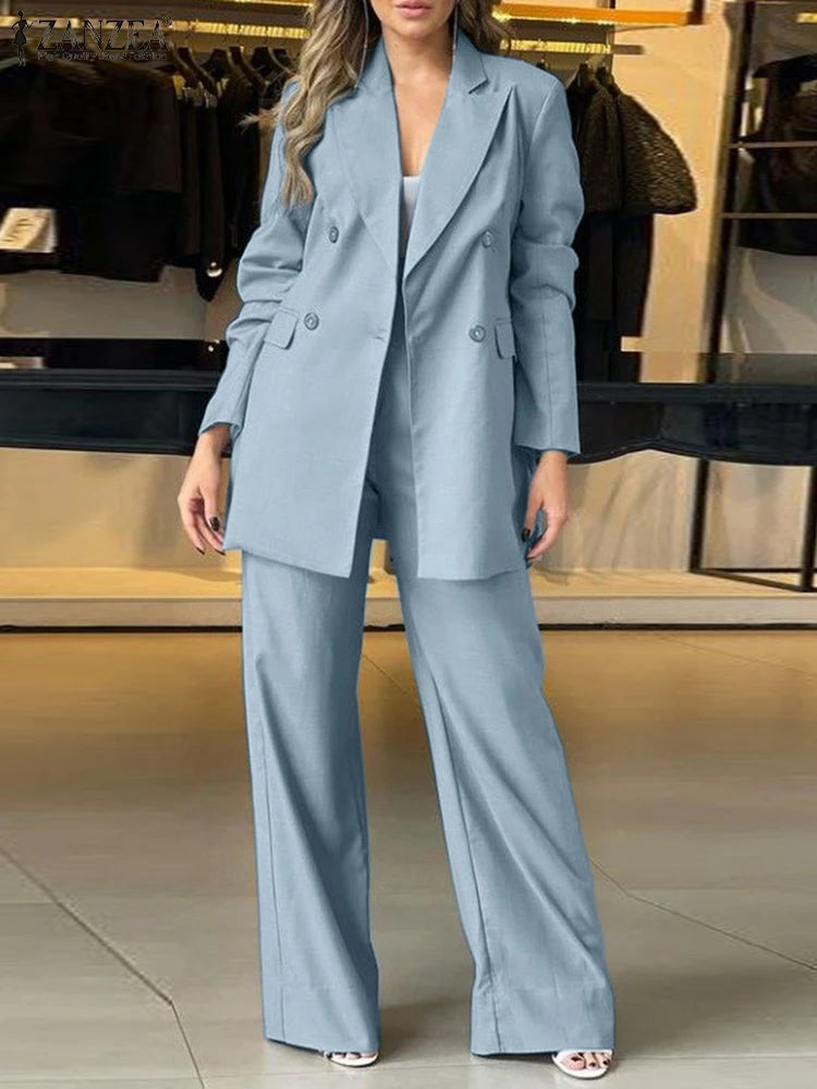 2PCS Women Blazer Suits Spring Pant Sets ZANZEA Elegant OL Work Tracksuits Lapel Neck Long Sleeve Tops Wide Leg Trousers Suit