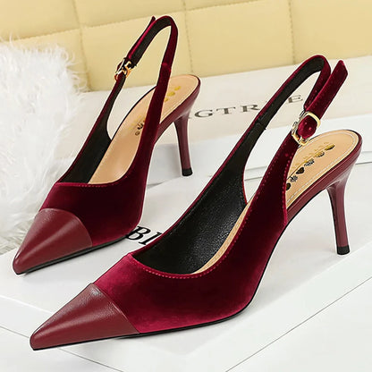 BIGTREE Shoes Suede Women Pumps Splicing Pointed Tip High Heels Hollow Out Hook Strap Heeled Sandals Women Summer Shoes Size 43