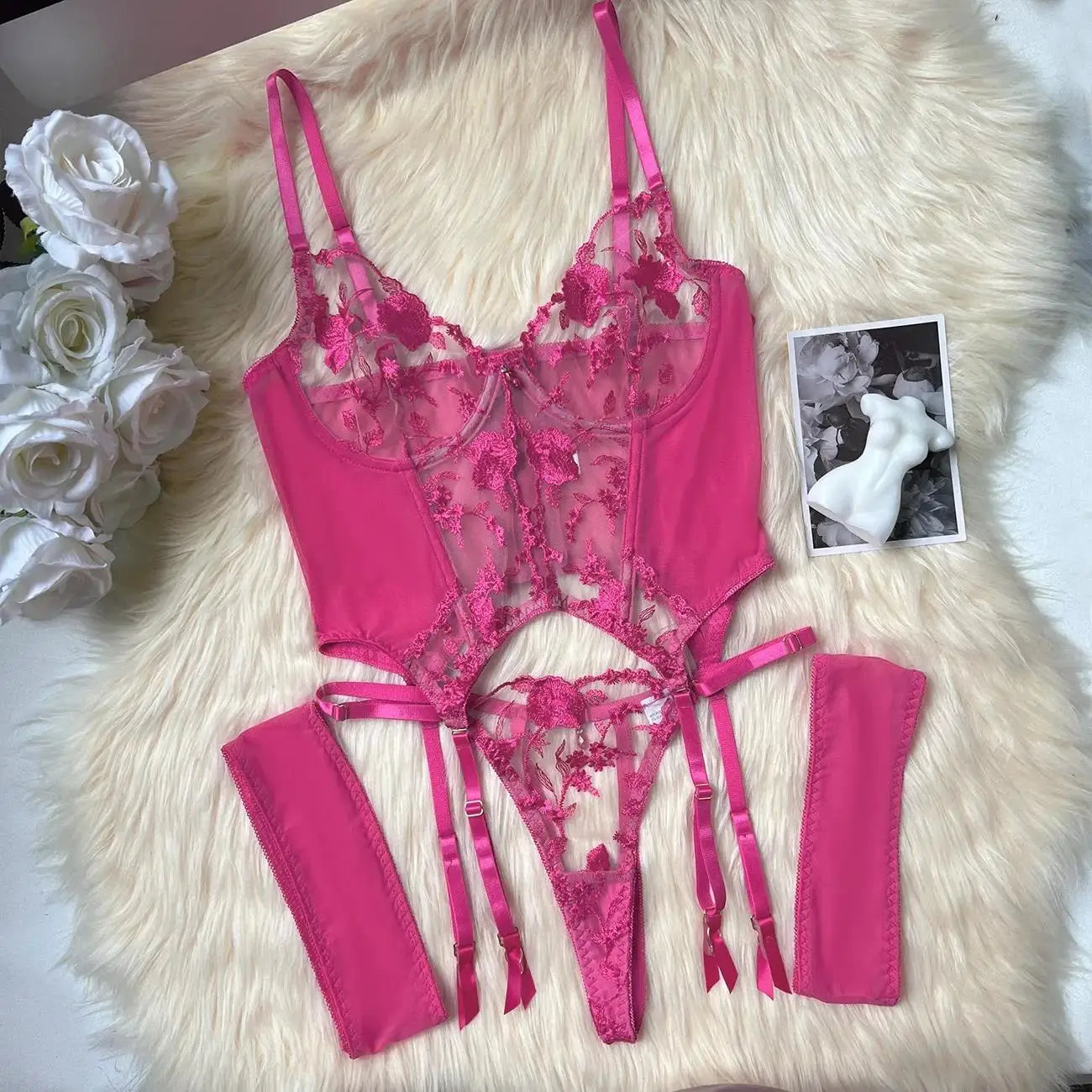 Floral Embroidery Mesh Corset Lingerie Set See Through Garter Belt 3 Piece Sexy Outfit Valentine Boudoir Photoshoot Romantic