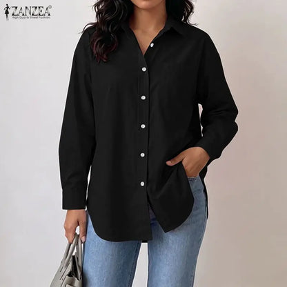 ZANZEA Woman Rounded Hem Long Shirts Casual Turn-Down Collar Long Sleeve Button Up Blouses Autumn Solid Chemise Femme Streetwear