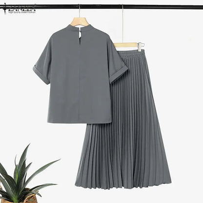 ZANZEA Women's Skirt Suits Mock Neck Short Sleeve Blouse & A-Line Pleated Maxi Skirt 2 Piece Sets Streetwear Skirt Sets Outfits