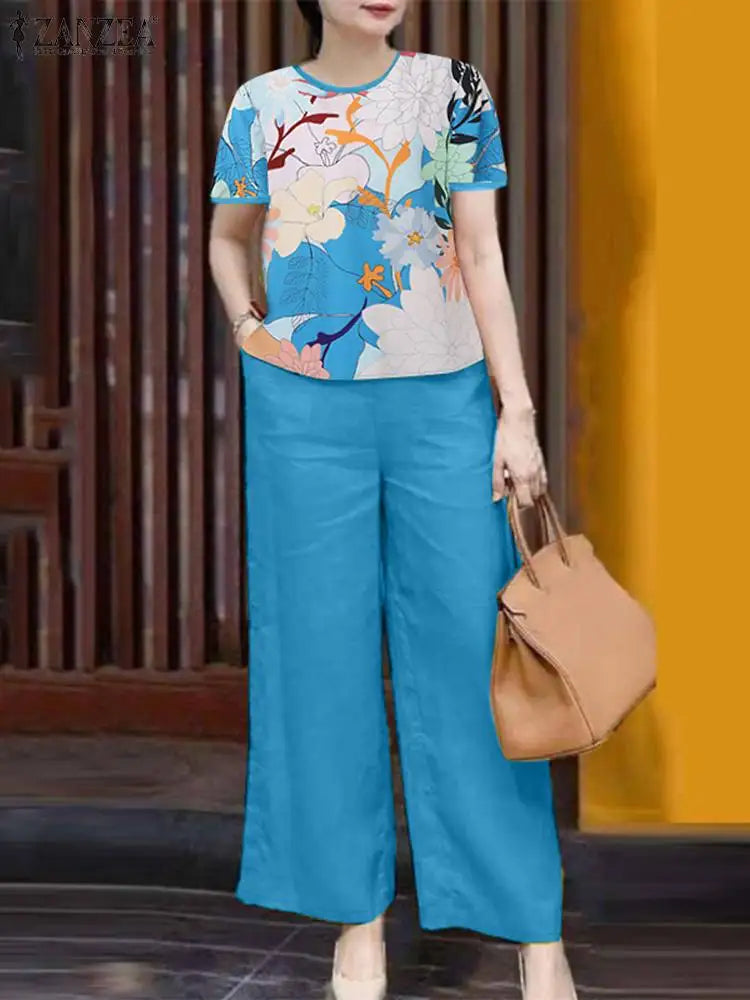 ZANZEA Elegant Casual Pant Sets Women Floral Print Short Sleeve Blouse Wide Leg Trouser Holiday 2pcs Outfits Summer 2-Piece Sets