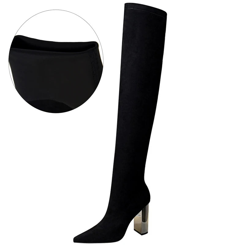 BIGTREE Shoes Women Sexy Over The Knee Boots Pointed Top Stretch Boots Thick Heel High Boots Black Long Boots Autumn Winter Shoe