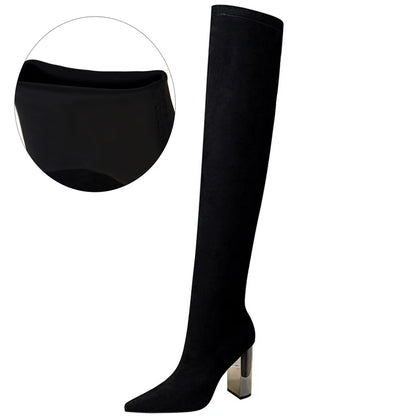 BIGTREE Shoes Women Sexy Over The Knee Boots Pointed Top Stretch Boots Thick Heel High Boots Black Long Boots Autumn Winter Shoe