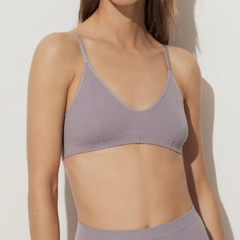Women Ribbed V-Neck Wireless Bra Solid Color Knit Bralette Stretch Thin Straps Liner-Free No Chest Pads Lingerie Daily Intimates