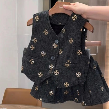 Kids Girls Elegant 2-Piece Set Dark Gray V-Neck Vest with Gold Sequin Flower Embroidery + Matching Skirt Fall/spring Outfit Girl
