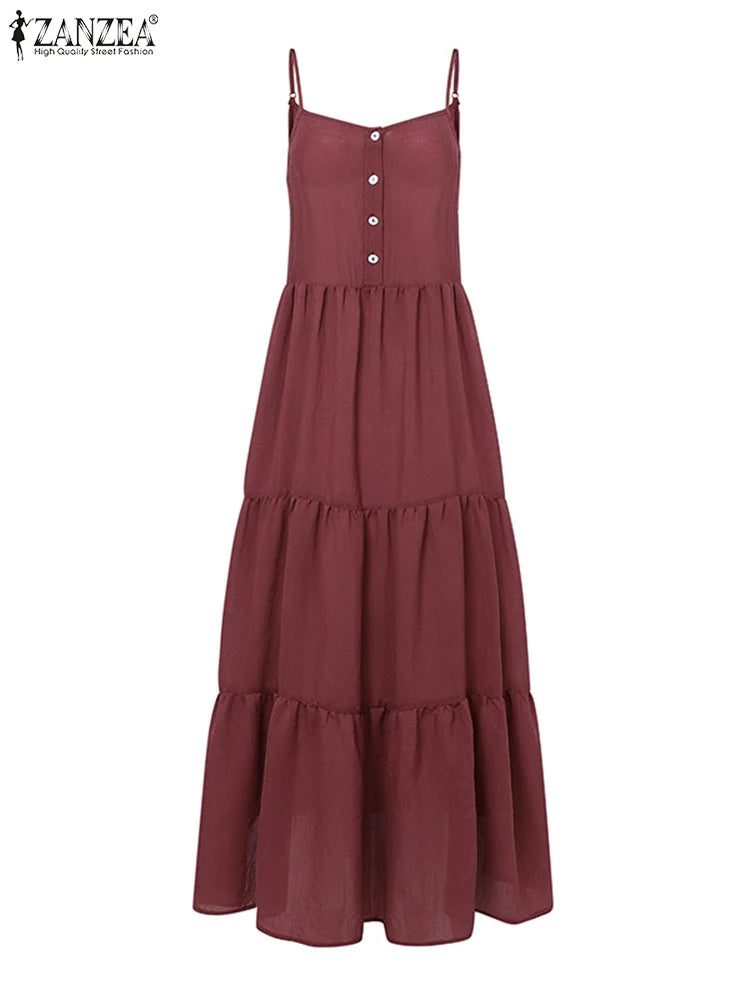 2024 ZANZEA Summer Fashion Solid Ruffles Midi Sundress Elegant Casual Spaghetti Strap Holiday Dress Women A-line Party Vestido