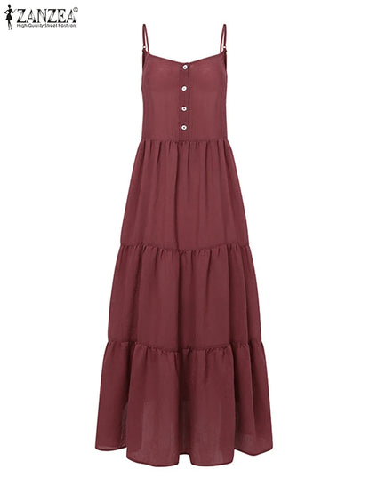 2024 ZANZEA Summer Fashion Solid Ruffles Midi Sundress Elegant Casual Spaghetti Strap Holiday Dress Women A-line Party Vestido